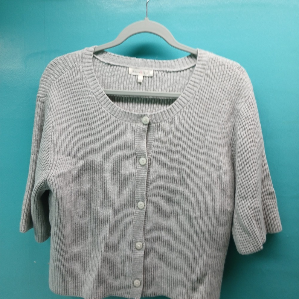 ULTRA FLIRT Gray Ribbed Cropped‎ Cardigan Sweater 3/4 Sleeve Size L